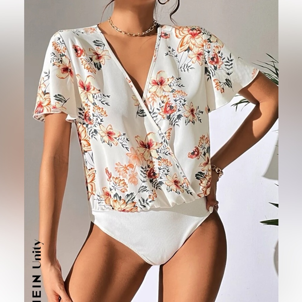 SHEIN Unity Floral Print Surplice Neck Butterfly Sleeve Bodysuit XL